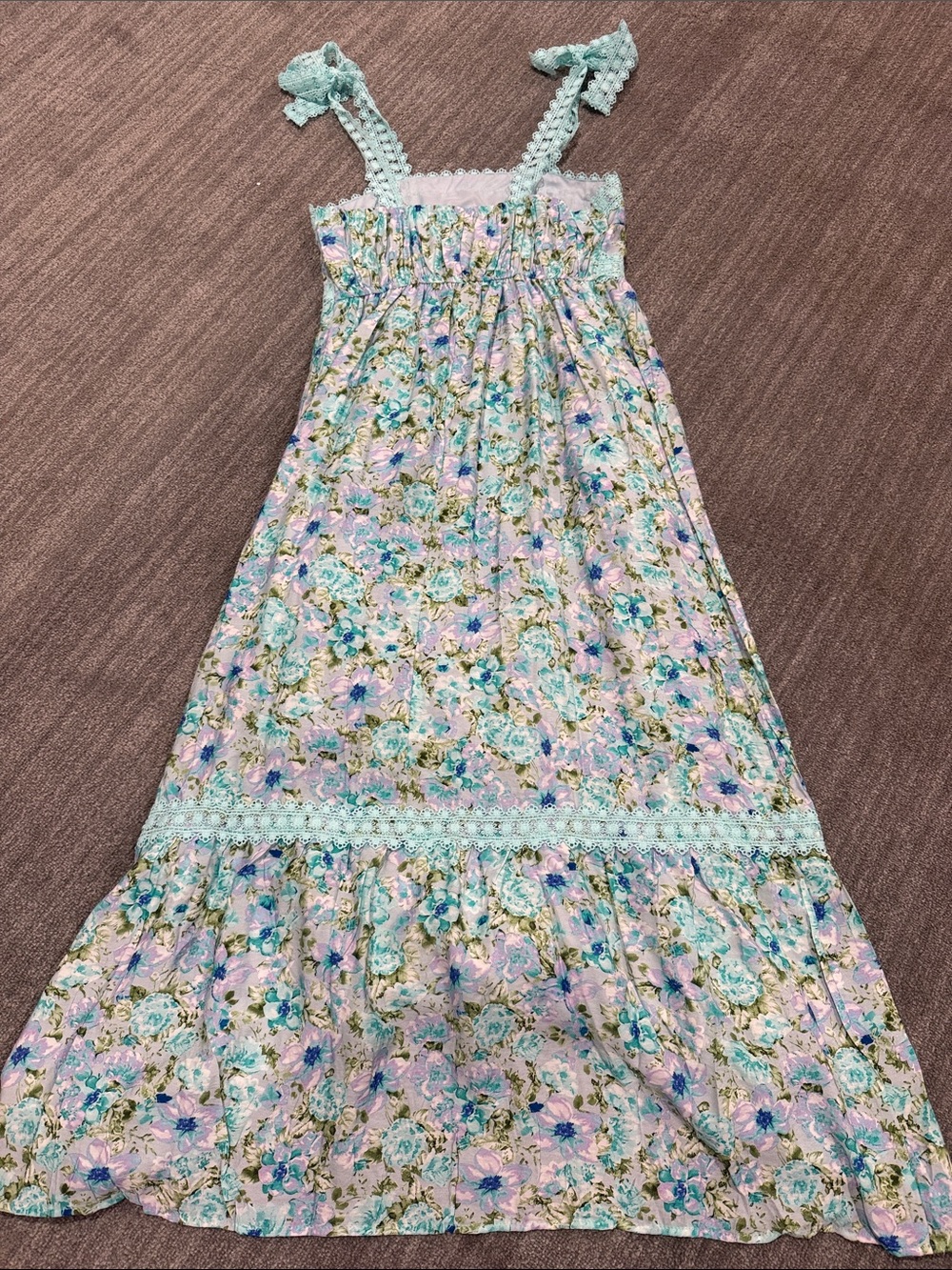 Green Floral Lace Tie Strap Empire Waist Maxi Dress NWOT Size M - Picture 7 of 8